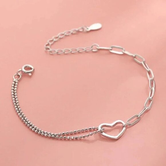 925 Sterling Silver Dainty Heart Bead Chain Link Bracelet - Picture 2 of 7